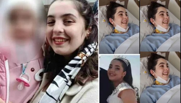 Collage of a smiling young woman in a hospital bed with a mask, plus a formal portrait of a woman wearing a tiara.