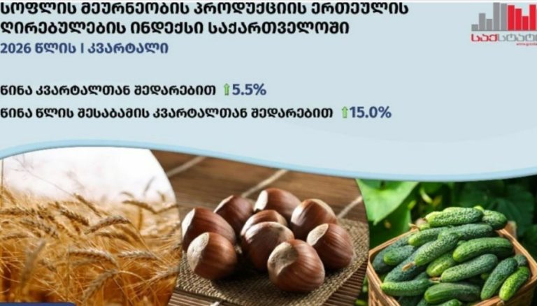 საქსტატი: 2026 წლის პირველ კვარტალში საქართველოში სოფლის მეურნეობის პროდუქციის ღირებულება წლიურად 5.5 პროცენტით გაძვირდა