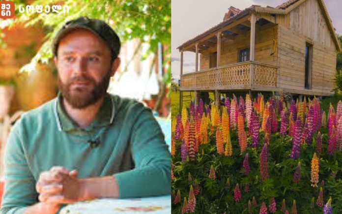 Man with a beard in a green polo sitting at a table outdoors (left); a wooden cottage on a porch amid tall pink, purple, and orange lupine flowers (right).