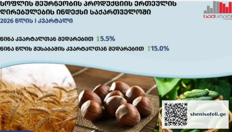 საქსტატი: 2026 წლის პირველ კვარტალში საქართველოში სოფლის მეურნეობის პროდუქციის ღირებულება წლიურად 5.5 პროცენტით გაძვირდა